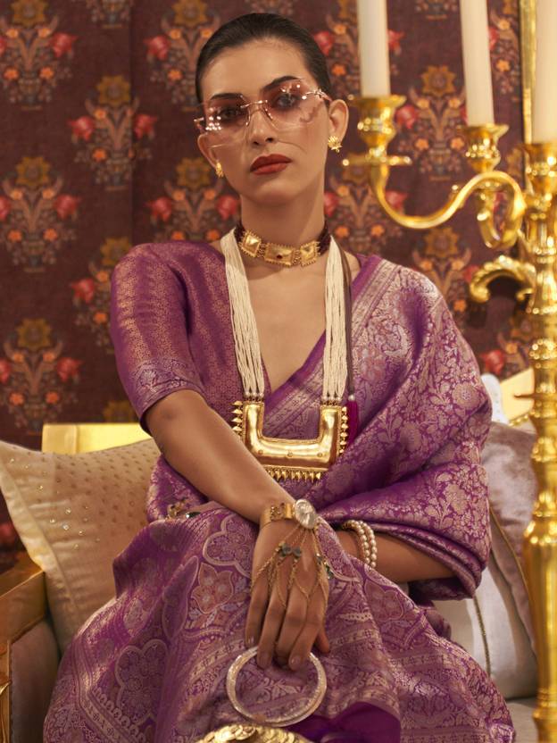 Purple Graceful Kanjivaram Silk Blend Saree – Woven Design ClothsVilla