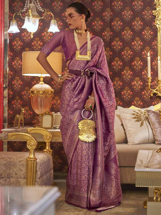 Purple Graceful Kanjivaram Silk Blend Saree – Woven Design ClothsVilla