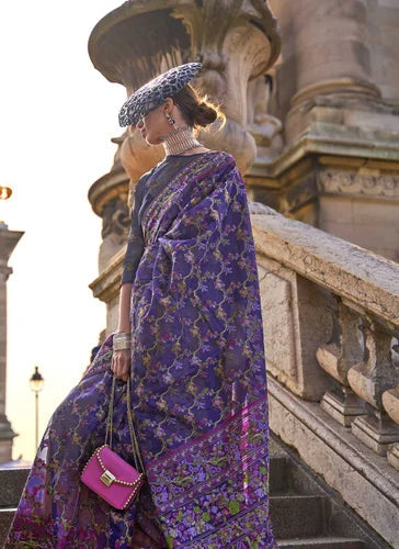 Purple Graceful Organza Silk Parsi Handloom Weaving Saree with Blouse Piece ClothsVilla