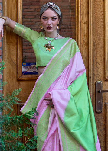 Purple & Green Regal Banarasi Soft Silk Saree with Intricate Timeless Design & Blouse Piece ClothsVilla
