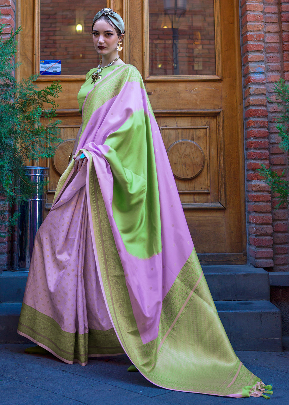 Purple & Green Regal Banarasi Soft Silk Saree with Intricate Timeless Design & Blouse Piece ClothsVilla Main image
