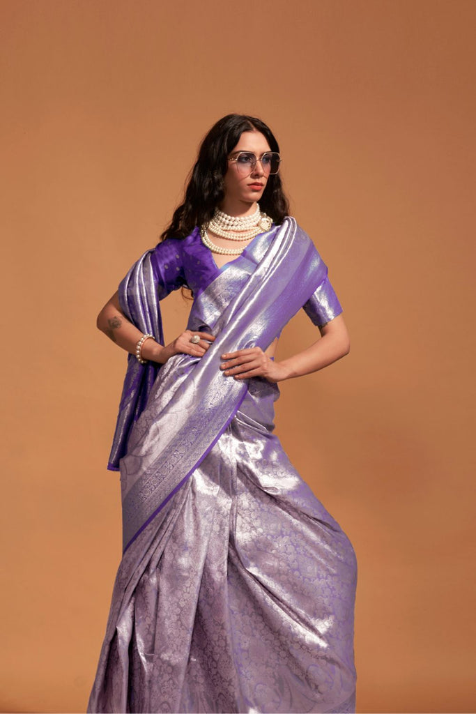 Purple Handwoven Kanjivaram Silk Saree with Blouse Piece Clothsvilla