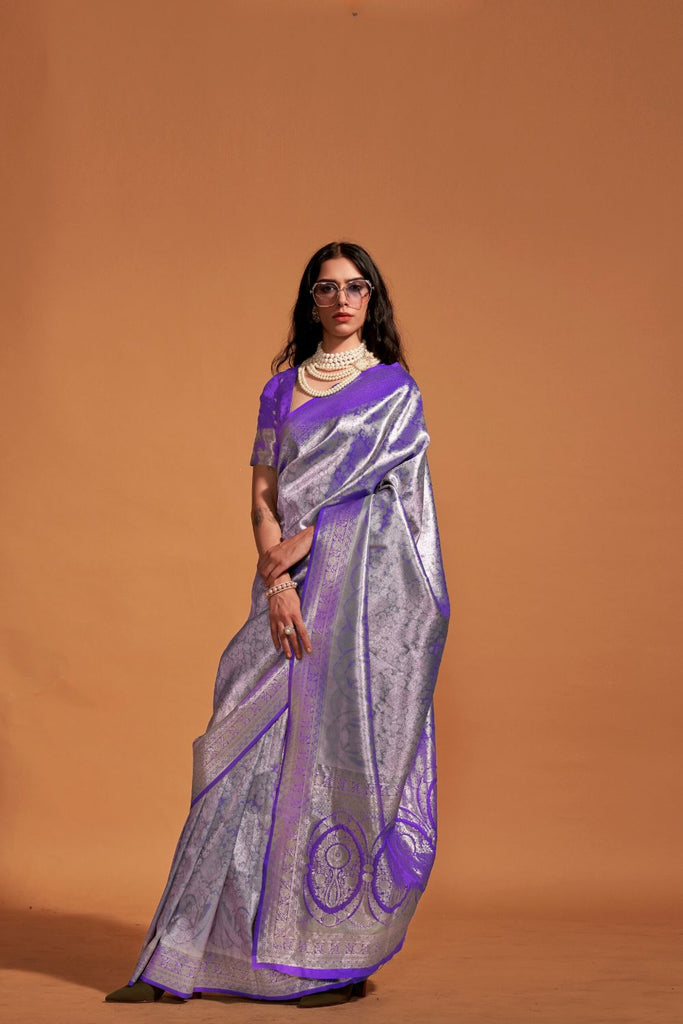 Purple Handwoven Kanjivaram Silk Saree with Blouse Piece Clothsvilla