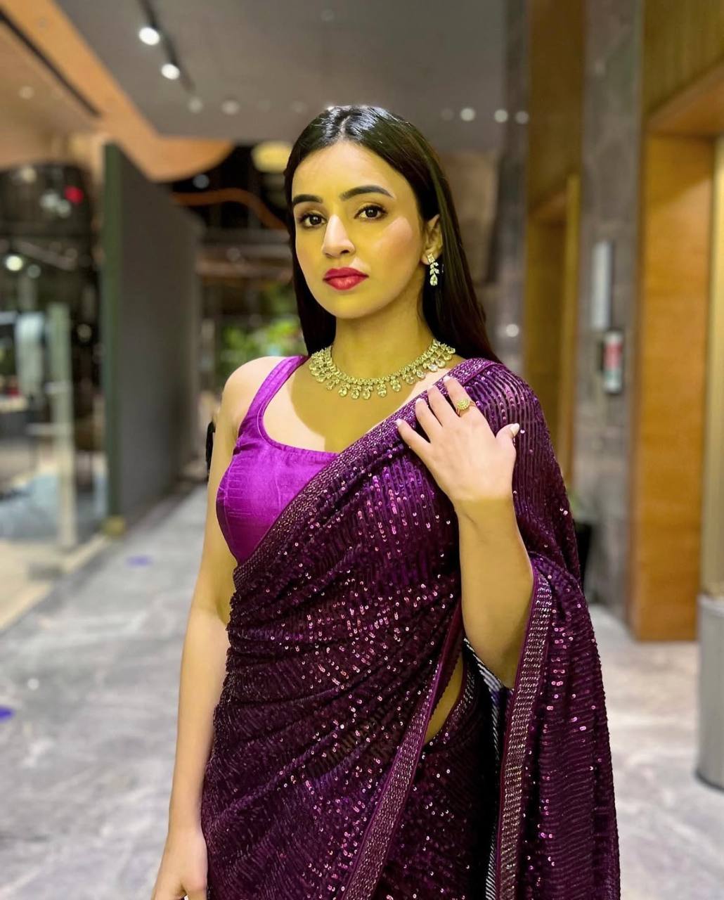 Purple Heart-Captivating Georgette Saree with Sequins and Dori Border ClothsVilla