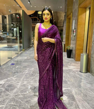 Purple Heart-Captivating Georgette Saree with Sequins and Dori Border ClothsVilla