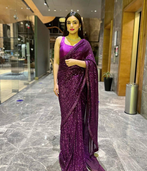 Purple Heart-Captivating Georgette Saree with Sequins and Dori Border ClothsVilla
