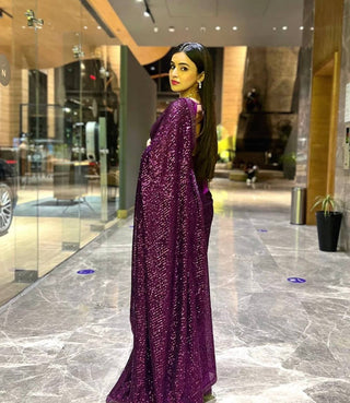 Purple Heart-Captivating Georgette Saree with Sequins and Dori Border ClothsVilla
