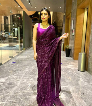 Purple Heart-Captivating Georgette Saree with Sequins and Dori Border ClothsVilla