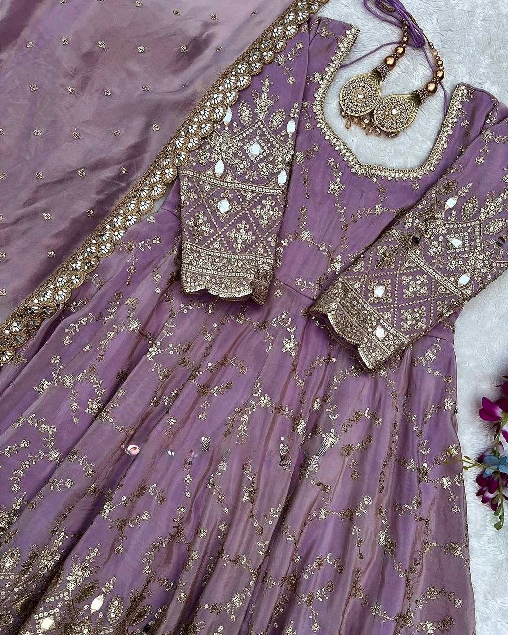Purple Heavy Chinon Silk Embroidered Anarkali Gown Set with Mirror & Sequin Work ClothsVilla