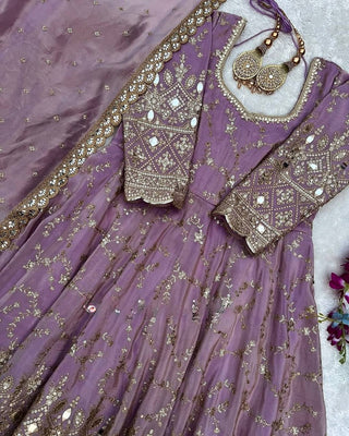Purple Heavy Chinon Silk Embroidered Anarkali Gown Set with Mirror & Sequin Work ClothsVilla