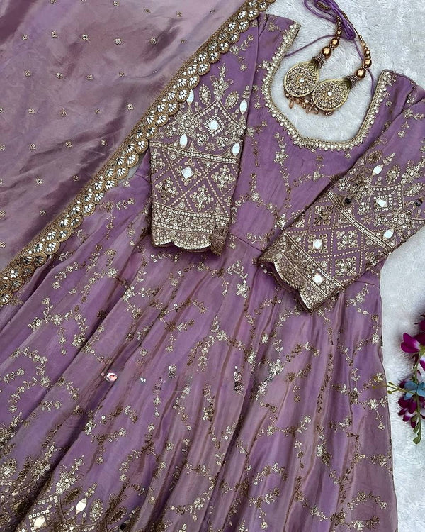 Purple Heavy Chinon Silk Embroidered Anarkali Gown Set with Mirror & Sequin Work ClothsVilla