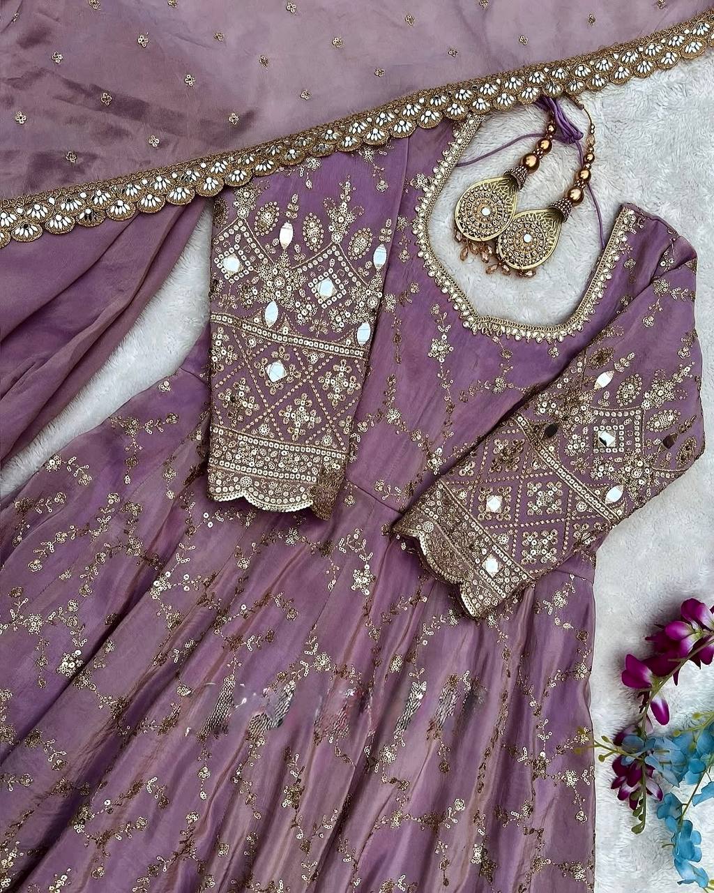 Purple Heavy Chinon Silk Embroidered Anarkali Gown Set with Mirror & Sequin Work ClothsVilla