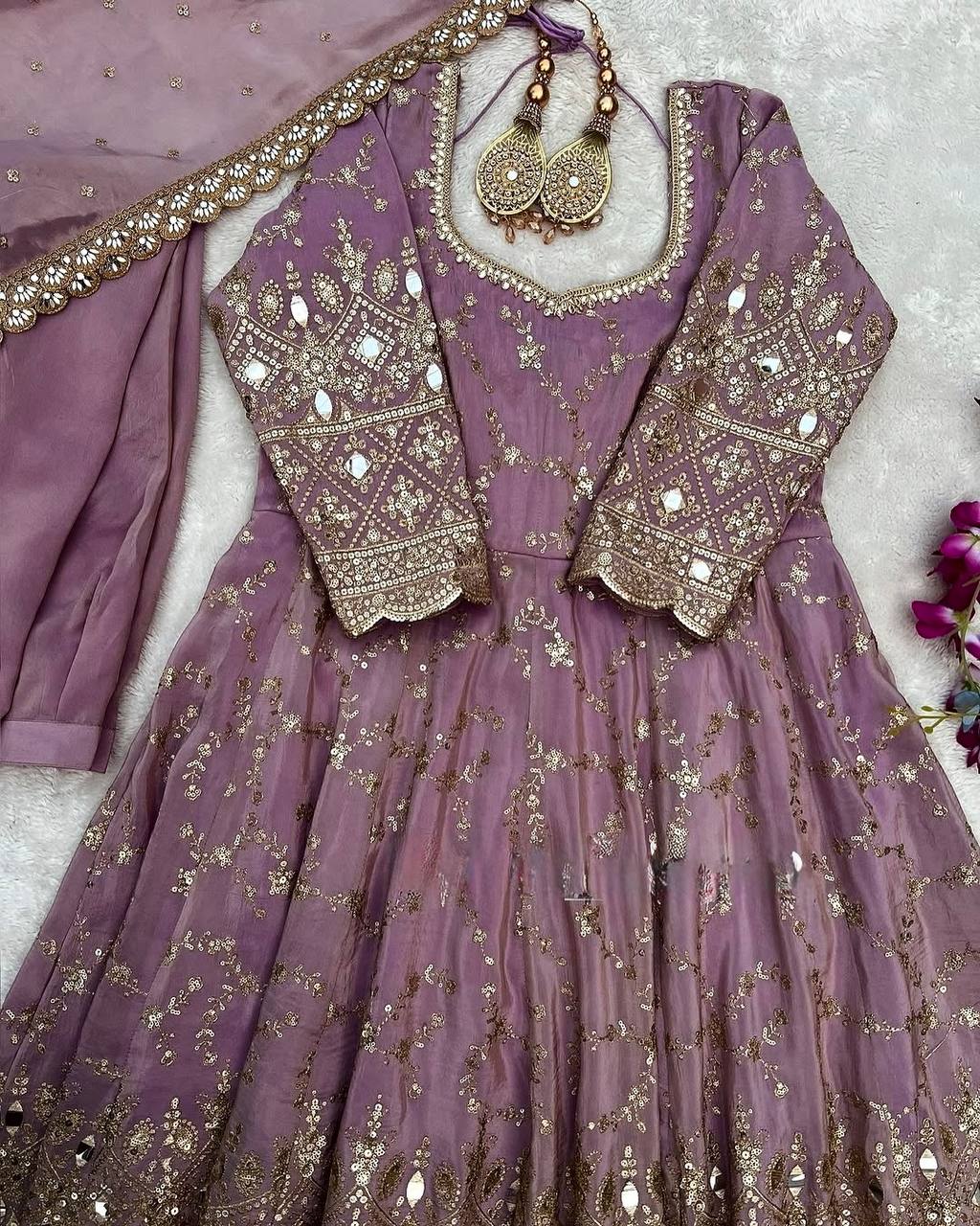 Purple Heavy Chinon Silk Embroidered Anarkali Gown Set with Mirror & Sequin Work ClothsVilla