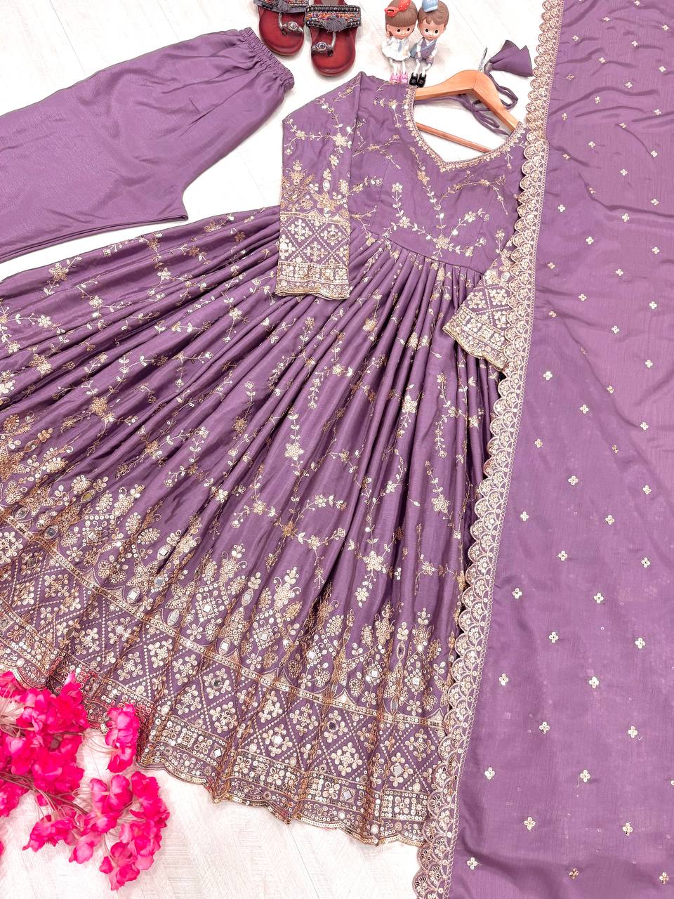 Purple Heavy Chinon Silk Embroidered Anarkali Gown Set with Mirror & Sequin Work Secondary image