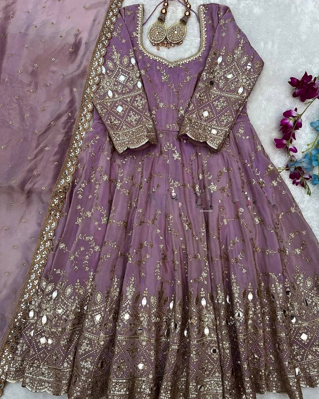 Purple Heavy Chinon Silk Embroidered Anarkali Gown Set with Mirror & Sequin Work ClothsVilla