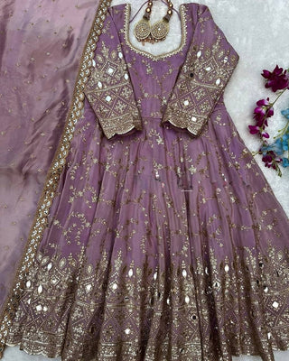 Purple Heavy Chinon Silk Embroidered Anarkali Gown Set with Mirror & Sequin Work ClothsVilla