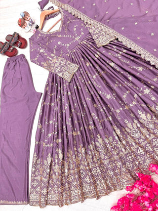 Purple Heavy Chinon Silk Embroidered Anarkali Gown Set with Mirror & Sequin Work ClothsVilla
