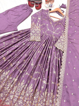 Purple Heavy Chinon Silk Embroidered Anarkali Gown Set with Mirror & Sequin Work ClothsVilla