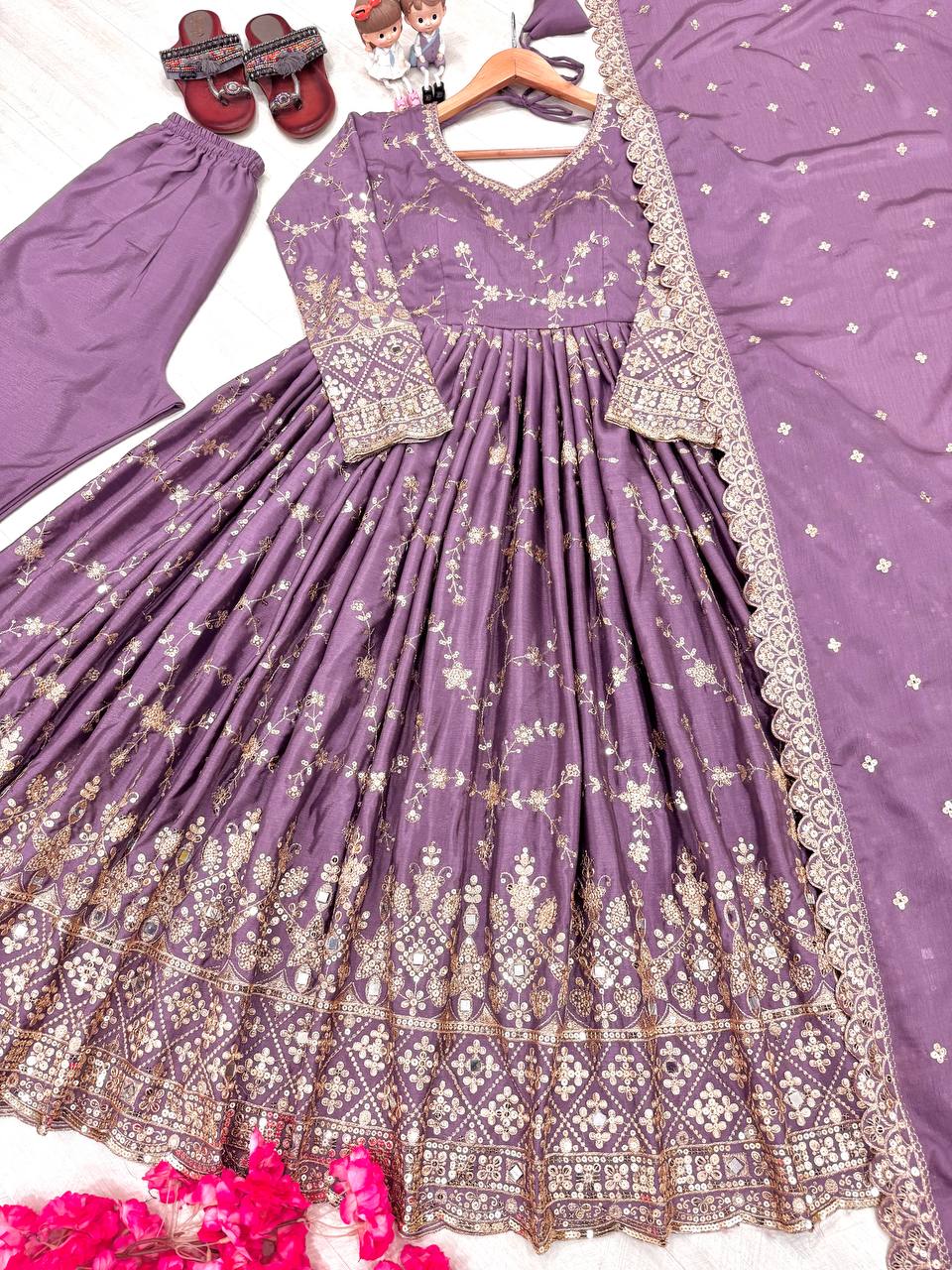 Purple Heavy Chinon Silk Embroidered Anarkali Gown Set with Mirror & Sequin Work ClothsVilla