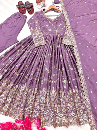 Purple Heavy Chinon Silk Embroidered Anarkali Gown Set with Mirror & Sequin Work ClothsVilla