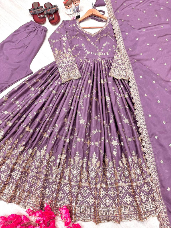 Purple Heavy Chinon Silk Embroidered Anarkali Gown Set with Mirror & Sequin Work ClothsVilla