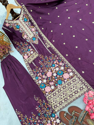 Purple Heavy Chinon Silk Plazzo Set ClothsVilla