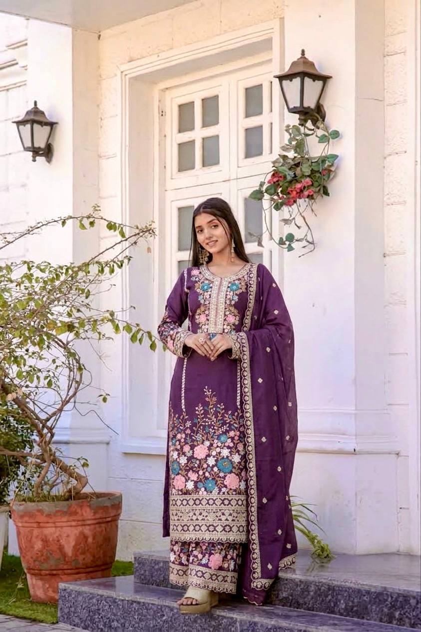 Purple Heavy Chinon Silk Plazzo Set ClothsVilla