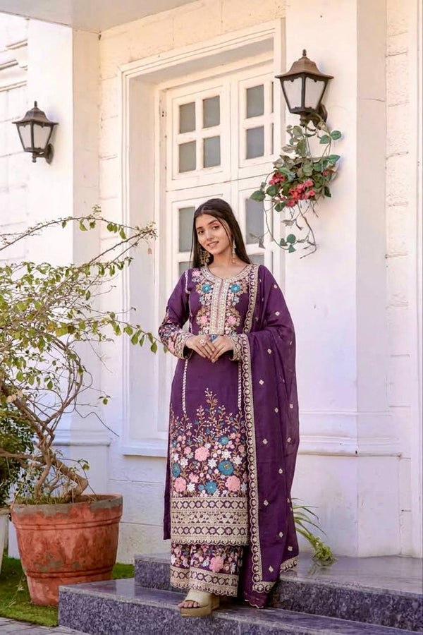 Purple Heavy Chinon Silk Plazzo Set ClothsVilla