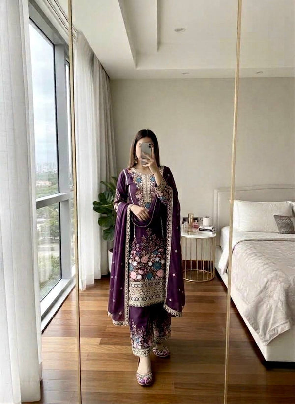 Purple Heavy Chinon Silk Plazzo Set ClothsVilla