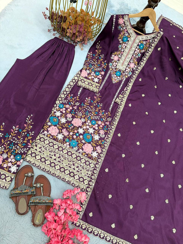 Purple Heavy Chinon Silk Plazzo Set ClothsVilla