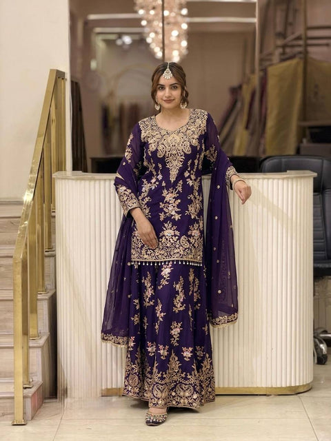 Purple Heavy Embroidered Plazzo Dupatta Set ClothsVilla Main image