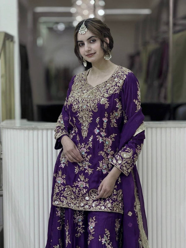 Purple Heavy Embroidered Plazzo Dupatta Set ClothsVilla