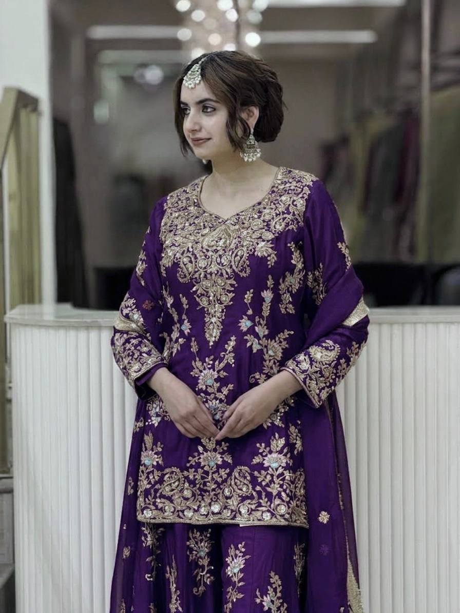 Purple Heavy Embroidered Plazzo Dupatta Set ClothsVilla