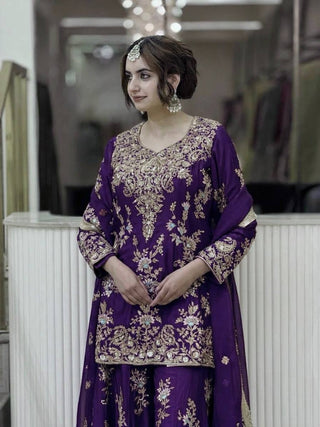 Purple Heavy Embroidered Plazzo Dupatta Set ClothsVilla