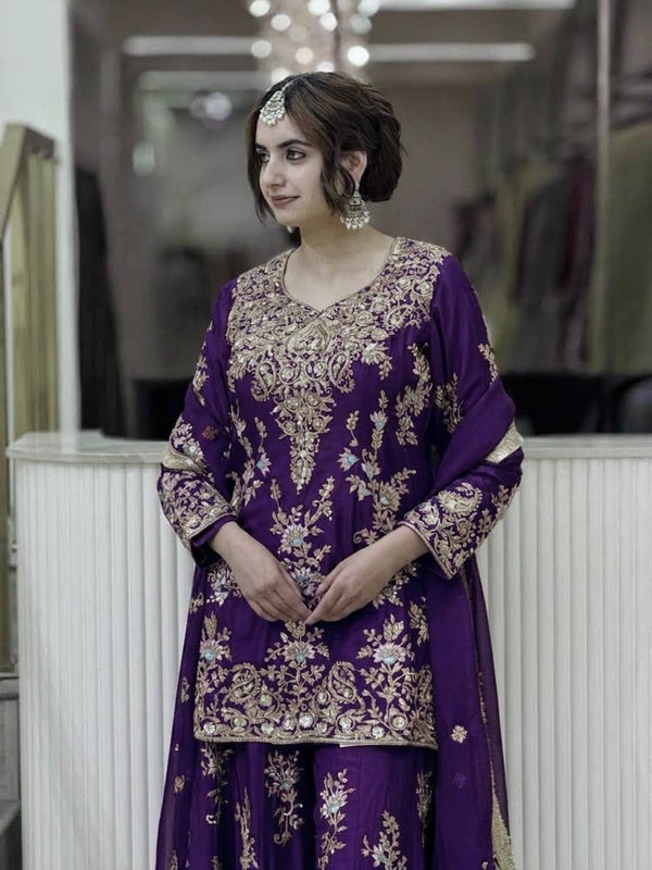 Purple Heavy Embroidered Plazzo Dupatta Set ClothsVilla