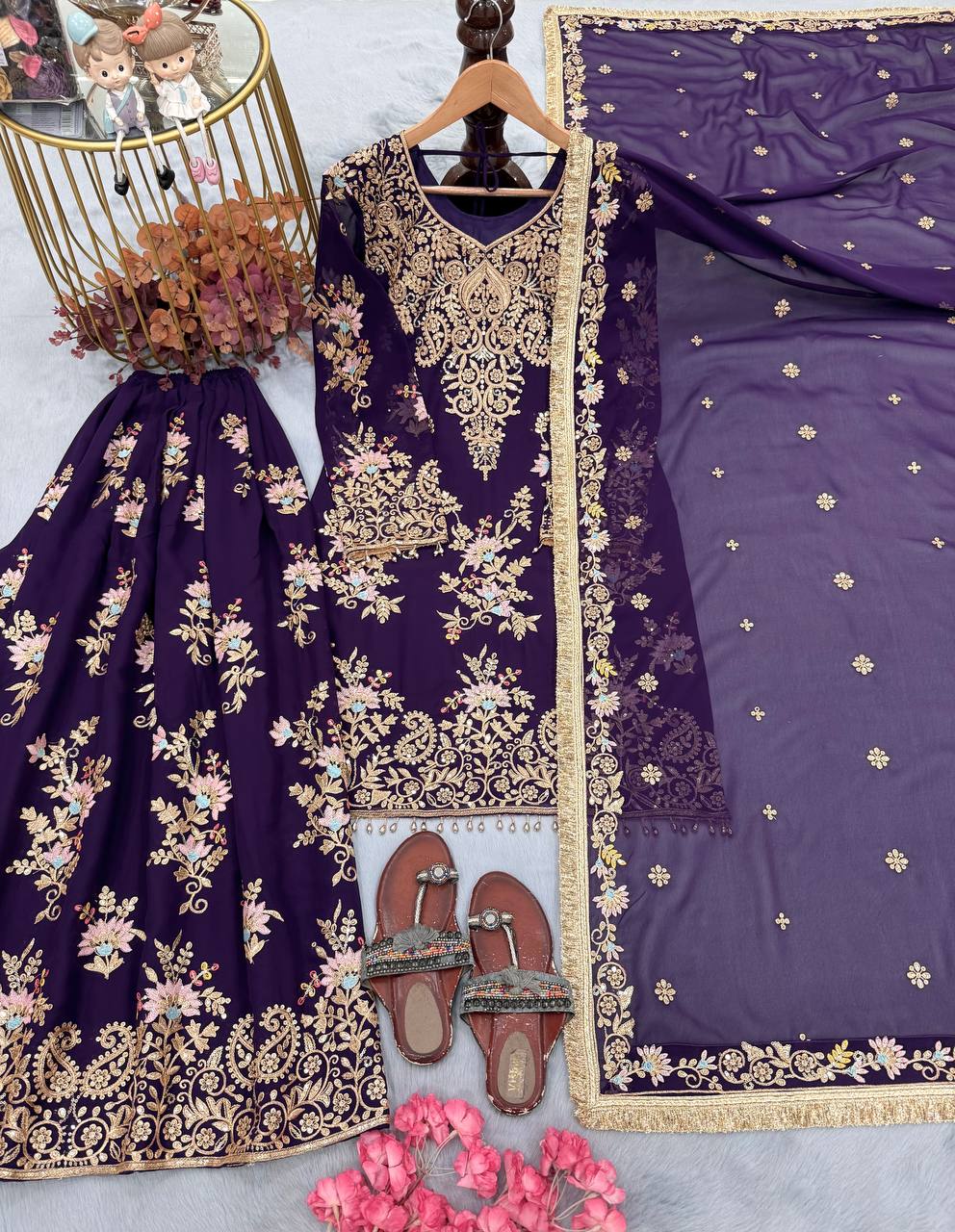 Purple Heavy Embroidered Plazzo Dupatta Set ClothsVilla