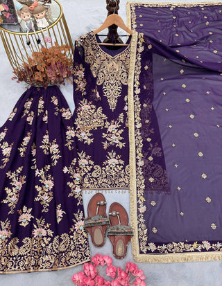 Purple Heavy Embroidered Plazzo Dupatta Set ClothsVilla