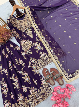 Purple Heavy Embroidered Plazzo Dupatta Set ClothsVilla