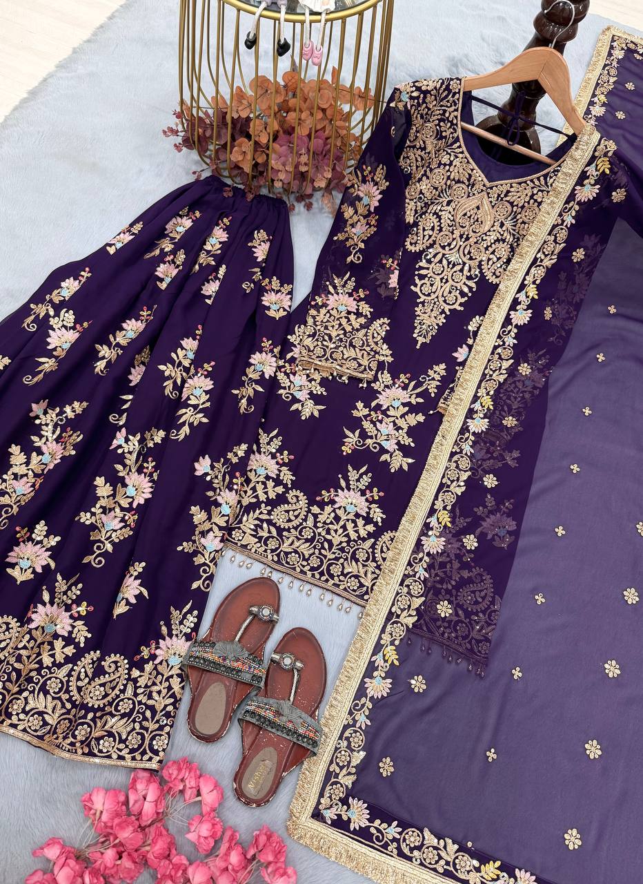 Purple Heavy Embroidered Plazzo Dupatta Set ClothsVilla
