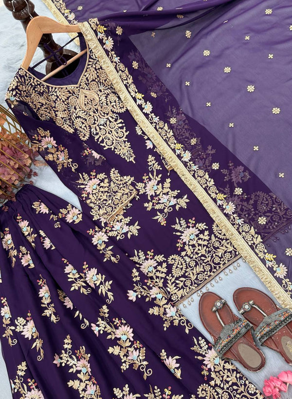 Purple Heavy Embroidered Plazzo Dupatta Set ClothsVilla