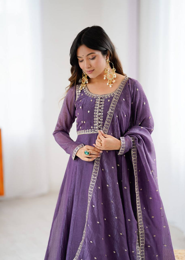 Purple Heavy Pure Crunchy Silk Embroidered Anarkali Gown Set with 4-Meter Flair & Fancy Dupatta ClothsVilla