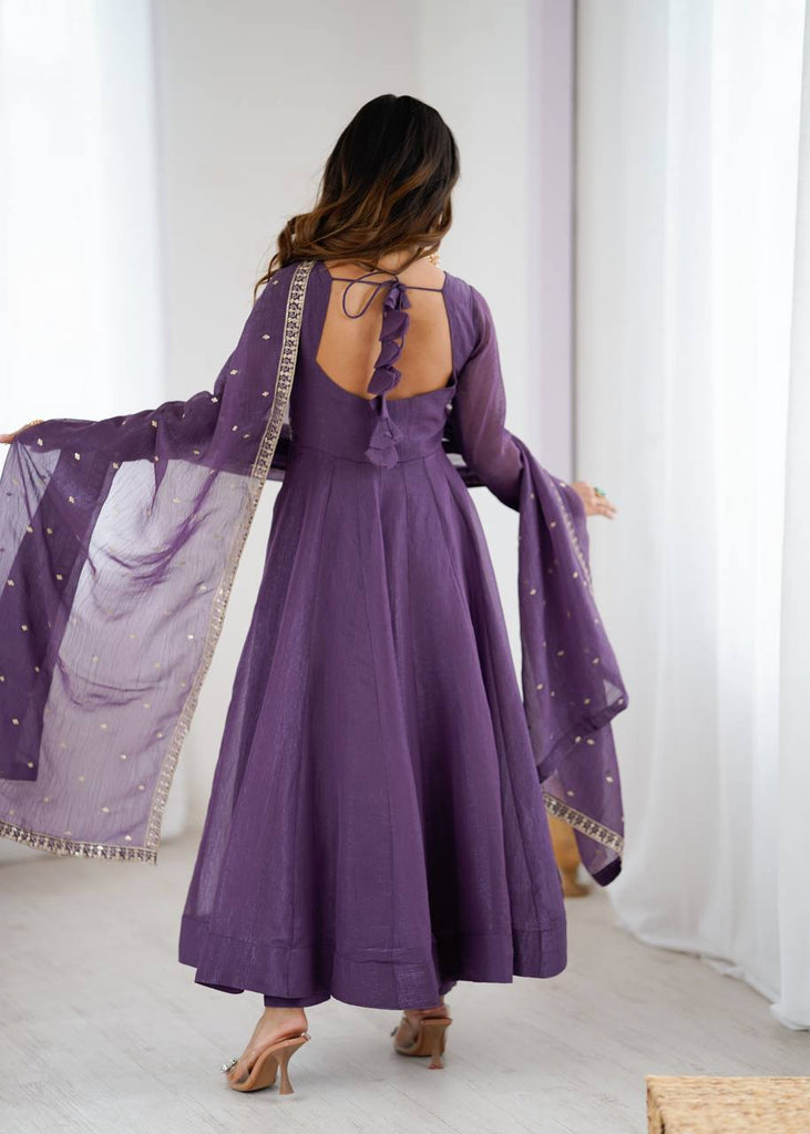 Purple Heavy Pure Crunchy Silk Embroidered Anarkali Gown Set with 4-Meter Flair & Fancy Dupatta ClothsVilla
