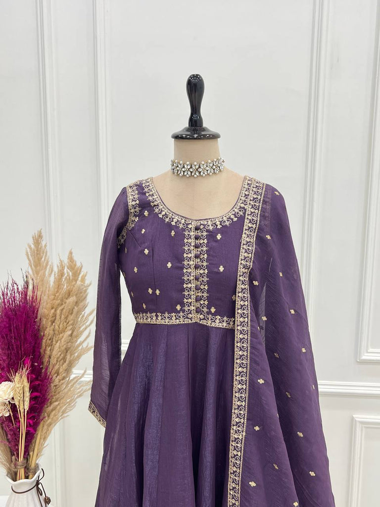 Purple Heavy Pure Crunchy Silk Embroidered Anarkali Gown Set with 4-Meter Flair & Fancy Dupatta ClothsVilla
