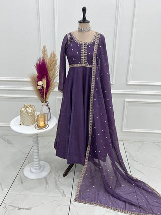Purple Heavy Pure Crunchy Silk Embroidered Anarkali Gown Set with 4-Meter Flair & Fancy Dupatta ClothsVilla