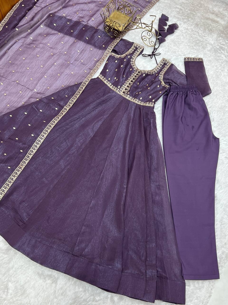 Purple Heavy Pure Crunchy Silk Embroidered Anarkali Gown Set with 4-Meter Flair & Fancy Dupatta ClothsVilla