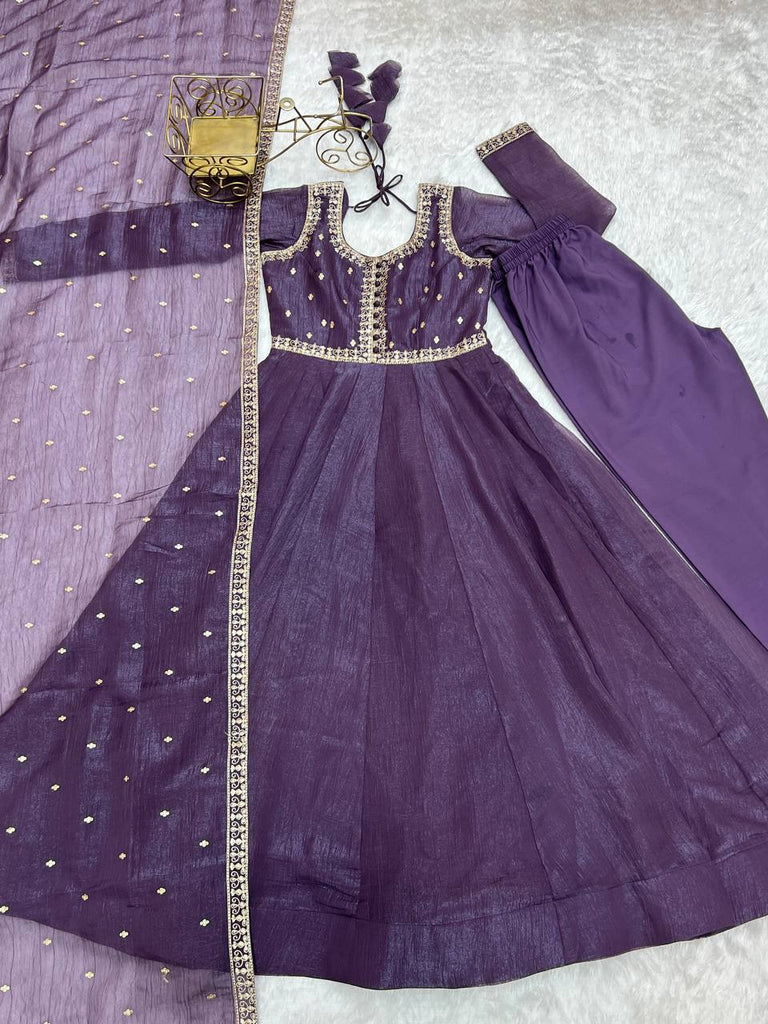 Purple Heavy Pure Crunchy Silk Embroidered Anarkali Gown Set with 4-Meter Flair & Fancy Dupatta ClothsVilla