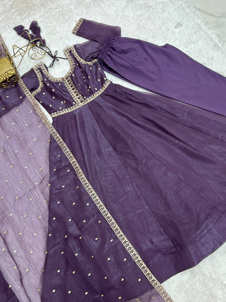 Purple Heavy Pure Crunchy Silk Embroidered Anarkali Gown Set with 4-Meter Flair & Fancy Dupatta ClothsVilla