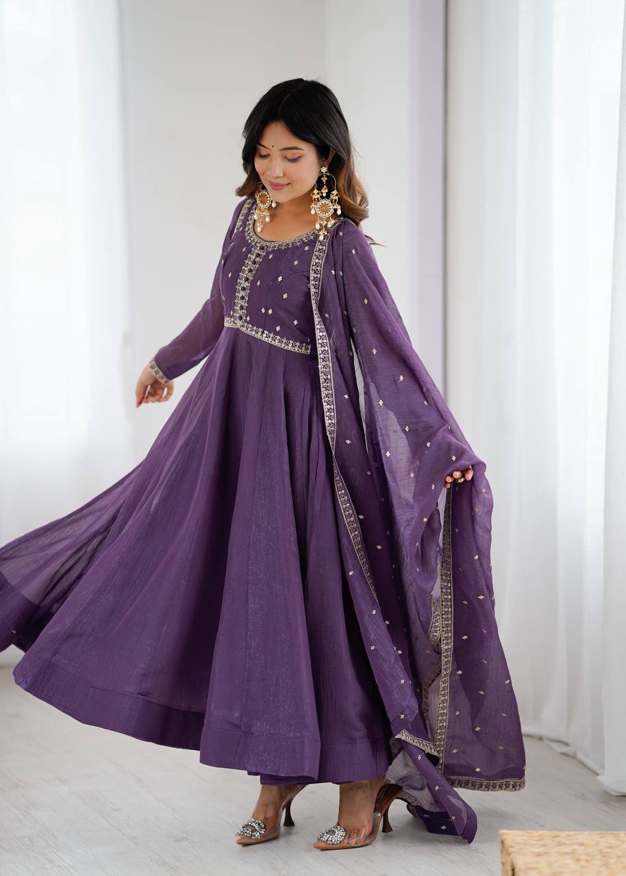 Purple Heavy Pure Crunchy Silk Embroidered Anarkali Gown Set with 4-Meter Flair & Fancy Dupatta ClothsVilla