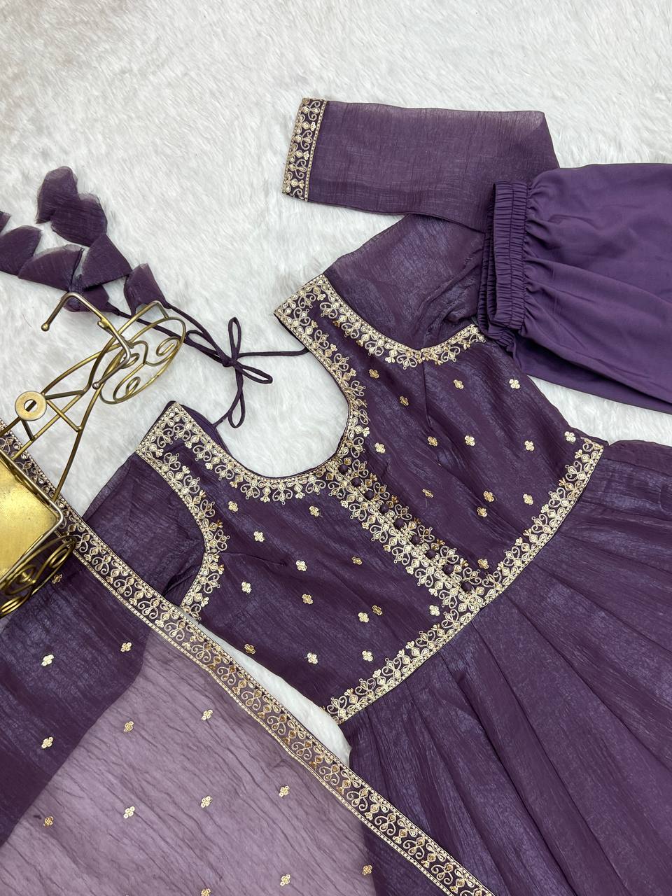 Purple Heavy Pure Crunchy Silk Embroidered Anarkali Gown Set with 4-Meter Flair & Fancy Dupatta ClothsVilla