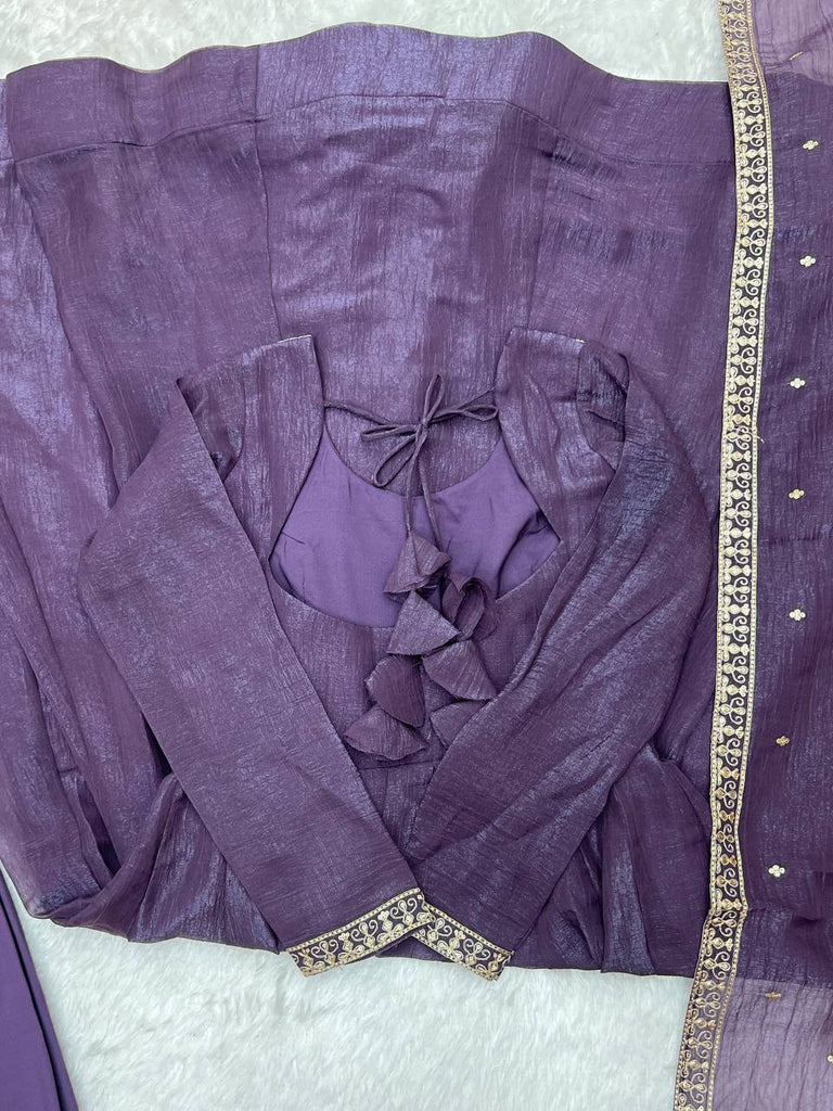 Purple Heavy Pure Crunchy Silk Embroidered Anarkali Gown Set with 4-Meter Flair & Fancy Dupatta ClothsVilla